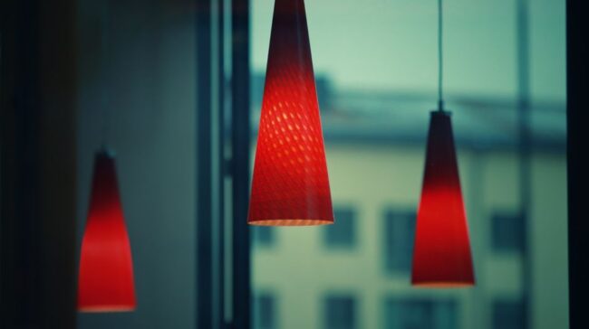 Three red pendant lamps casting a warm glow in a cozy, elegant interior setting. - Photo by Efrem Efre on Pexels