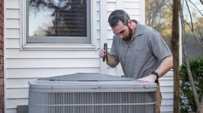 A technician inspects an outdoor HVAC unit for maintenance. - Photo by Kathleen Austin Kuhn on Pexels